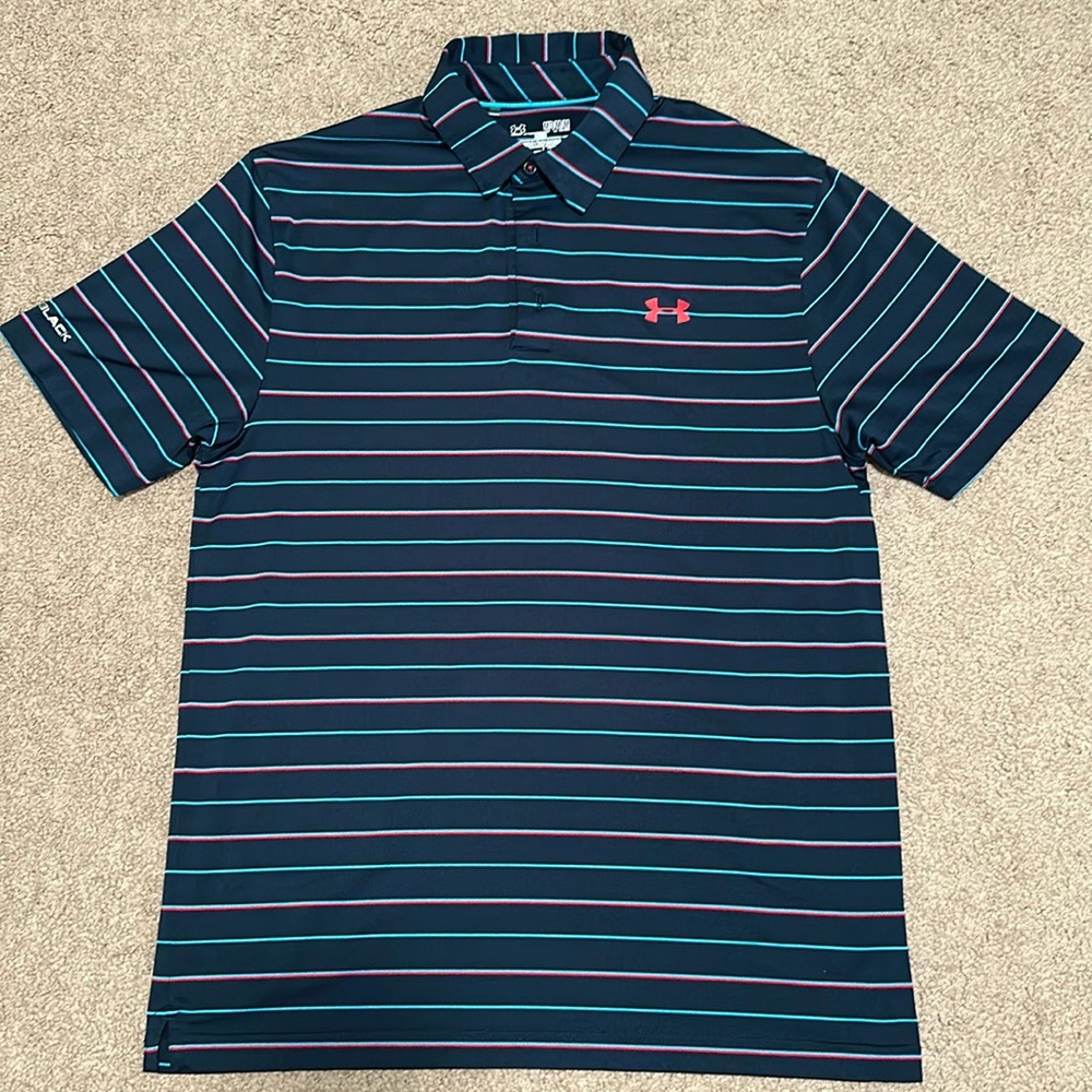 Under Armour Golf Polo Navy w/Red & Blue Stripes Size M